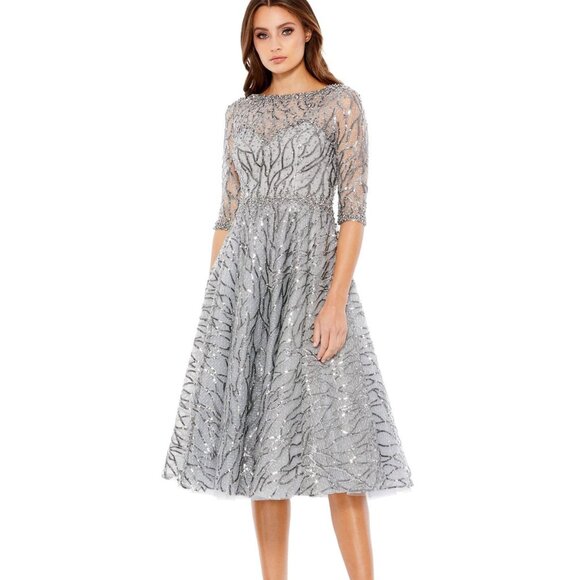 NWT MAC DUGGAL 20252 HIGH NECK ABOVE‎ ELBOW SLEEVE EMBELLISHED DRESS GRAY - Picture 1 of 10